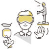 VRゴールグルをつけている男性やボタンなどの画像。