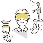VRゴールグルをつけている男性やボタンなどの画像。